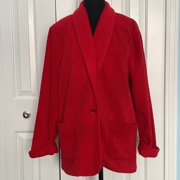Vintage Jackets & Blazers - Adorable Retro Joanna Red Medium Petite Soft Fleece Button Jacket With Pockets